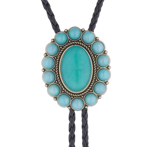 Image of GelConnie Bolo Tie for Men Women Western Cowboy Turquoise Leather Necktie | Natural Stone Bolo Tie Necklace for Women Rodeo Cowboy Leather Necktie Native American Western Cowgirl Ties Adjustable Cord