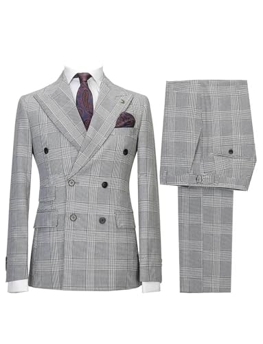 Kromoc Men's Suit Houndstooth Two Pieces Peak Lapel Double Breasted Buttons Banquet Business Tuxedos
