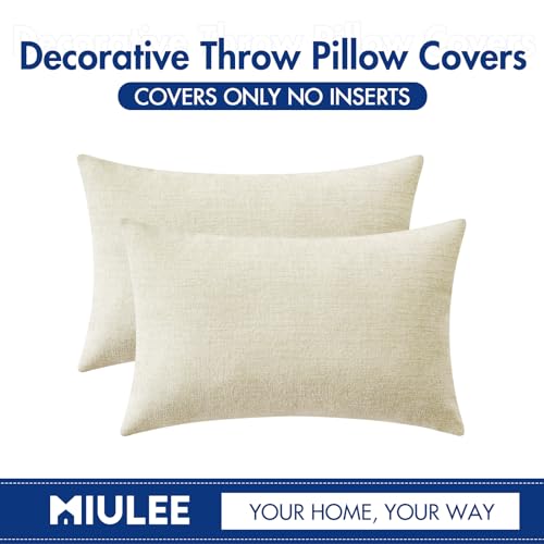 Image of MIULEE Pack of 2 Cream Throw Pillow Covers 12x20 Inch Soft Chenille Lumbar Pillow Covers for Sofa Living Room Spring Home Decor Couch Solid Dyed Cases