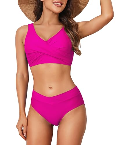 Limeeke Conjunto de bikini de cintura alta para mujer, traje de baño de dos piezas con cordones en la parte delantera, Rosa encendido, S