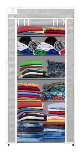 Image of CMerchants Metal Multipurpose Collapsible Organizer With Non Woven Dustproof Zip Cover For Clothes (6 Shelve) (Grey)