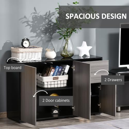 HOMCOM High Gloss Sideboard Push-Open Design with 2 Drawer Light Grey Black - Image 4