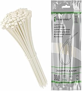 Zip Ties 200mm x 2.5mm White - 8 Premium Neutral Plastic Cable Ties, 200 mm Nylon Natural Tie Wraps, Pack of 100 Pieces by intervisio