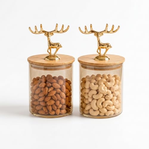 Image of bellemax 500ML Smoky Brown Glass Storage Jar with Airtight Bamboo Lid | Decorative Kitchen Storage Containers for Dry Fruits, Cookies, Candy, Snacks, Coffee, Tea, Sugar & Spices Set of 2