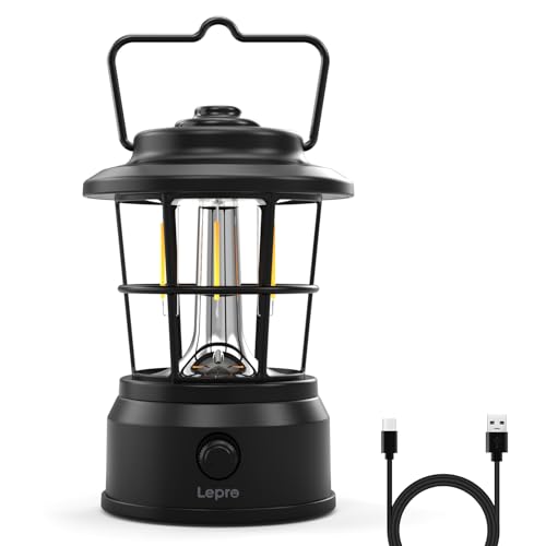 Lepro Rechargeable Camping Lantern, 300LM Retro Camping Tent Light with Knob Control, Dimmable Warm & Cool White, Type-C Charging, 3600mAh Portable Hanging Lamp for Power Cuts, Garden, Fishi