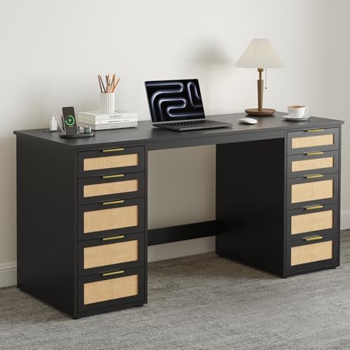 WOPITUES 60 Boho Home Office Desk with 10 Wooden Drawers. Rattan Computer Writing Desk with Powe...