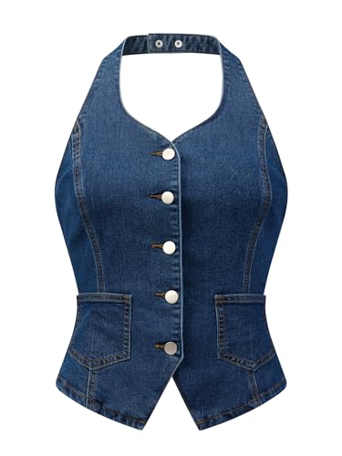 Allegra K Denim Vest for Women's Halter Neck Button Down Backless Jean Waistcoat