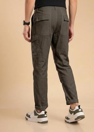 Image of Vogaan Men Cotton Linen Blend Cargo Pants | Mid Rise Regular Fit Casual Trousers | Multi Pocket Utility Bottom Wear | Comfortable Breathable Fabric Travel Outdoor Styling