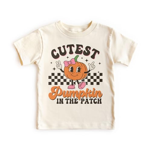 Girls Halloween Shirt - Cutest Pumpkin In The Patch Outfit - Retro Girly Pumpkin with Pink Coquette Bow - Natural Girls Toddler, Youth Clothing