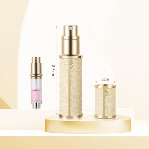 LOPHE Butelka podróżna, 5 ml, luksusowa, wielokrotnego napełniania, błyszcząca butelka z rozpylaczem do perfum, łatwy do napełniania, atomizer perfum dla kobiet, mężczyzn (złota)