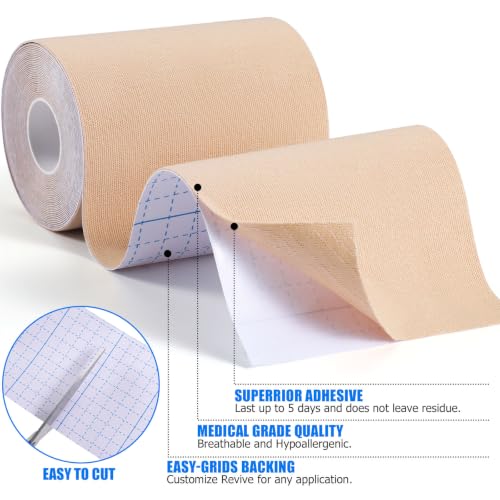 Image of 3 Rolls Wide Kinesiology Tape, Waterproof, 4 inch x 5.5yd, Light Beige | Breathable Latex-Free Cotton, High Elasticity for Muscle & Joint Support, Free-Cut for Sports Recovery on Shoulders, Knees