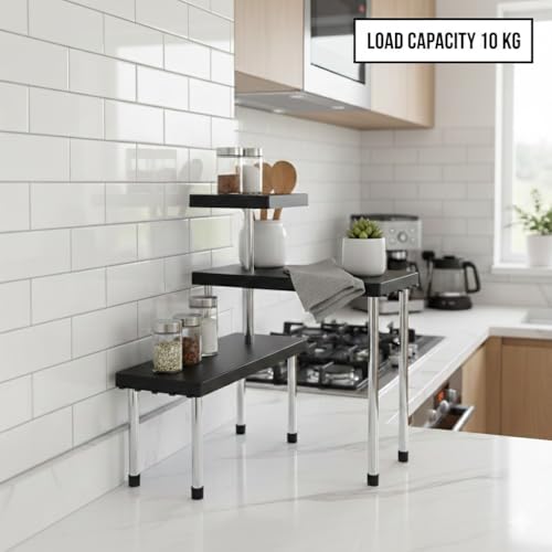 Image of U-Max 3-Tier Multipurpose Corner Kitchen Rack, 3 tier kitchen shelf, Space Saving Countertop Shelf Organizer for Spice Jars, Containers, Cups & Cooking Essentials (Black)