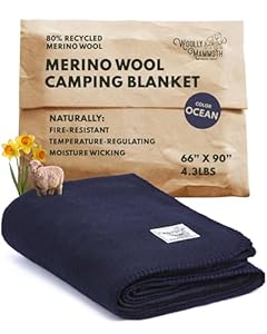 Woolly Mammoth Woolen Company Picnic Blanket - 66 x 90 in, Navy Blue Wool - Extra Thick Merino Wool Camping Quilt & Waterproof Picnic Throw - Thermal Extra Warm Giant Outdoor Camping Blanket