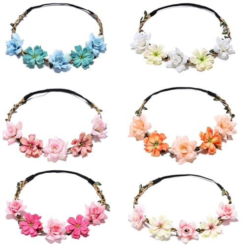 HONGCAUP 6 Pack Boho Floral Crown Headbands for Women, Adjustable,