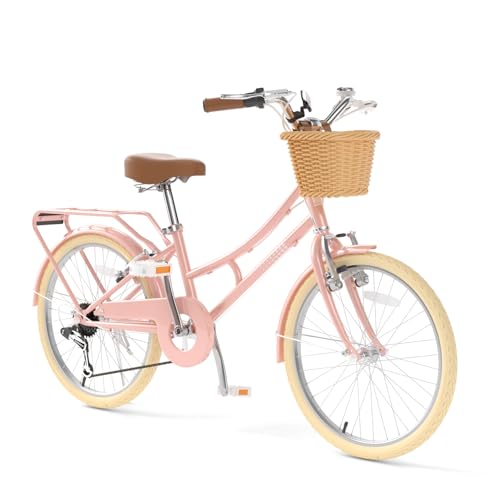 Image of XJD 20 24 26 Inch Girls Bike, 7-Speed Beach Cruiser Bike for Girls Youth and Over 6 Years Old, Kids Bicycles with Dual V-Brakes Rear Rack & Wicker Basket
