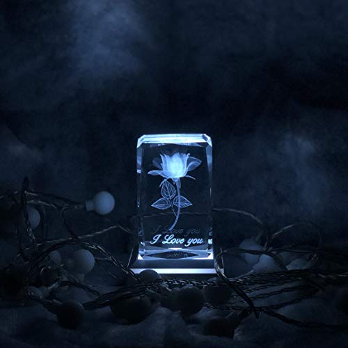 Bianroco I Love You 3D Rose In Full Bloom Crystal With Colourful Led Display Base, Wonder Present Gifts For Girlfriend Wife And Women, Gifts For Anniversary And Birthday #TOP6