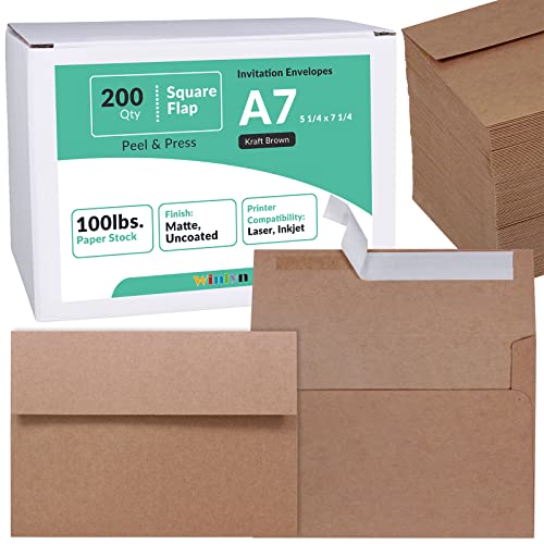 Winlyn Brown Kraft 200 Pcs A7 Invitation Envelopes 5 1/4 X 7 1/4 Square Flap Envelopes Self Seal 100Lb For Wedding Shower Birthday Bussiness Graduation Mailing Announcement 5 X 7 Greeting Cards Photos #TOP17
