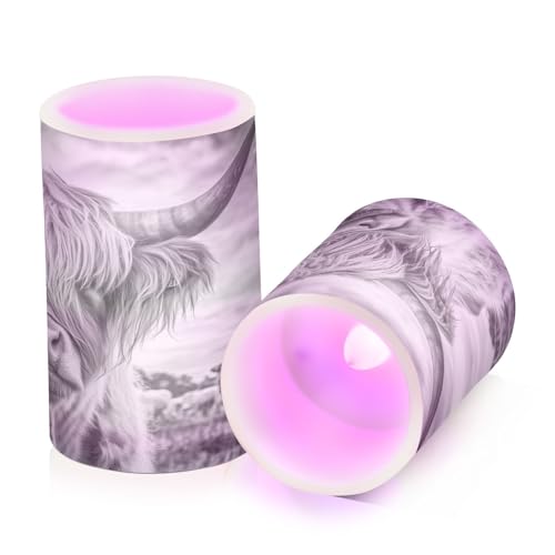 Image of Grey White Highland Cow Pattern Flickering Flameless Candles LED Battery Operated with Remote Timer Pillar Candles for Home Birthday Wedding Christmas Decor, Set of 2