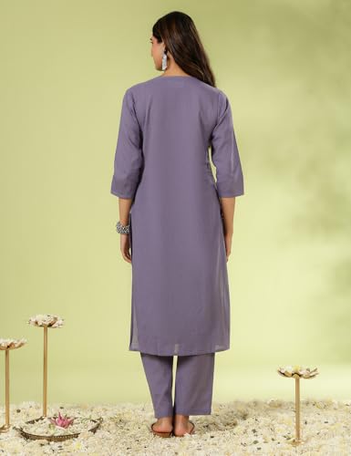 Image of Kaari Chikankari Embroidered Kurta Set for Women- 100% Cotton | Yoke Detailing | Three Piece Kurta Set with Dupatta | Sleeve