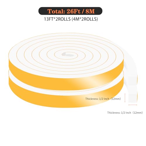 Image of Weather Stripping,High Density CR,Reduce Noise,1 /2 in x 1 /2 in x 26Ft | Weather Stripping,Soundproof,Cold Insulation,Foam Insulation Tape for Door,Front Door Frame,Windows,Sliding Door,White