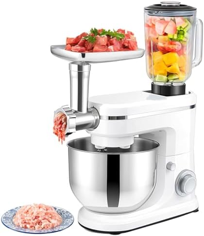 3 in 1 Electric Stand Mixer - 8L Stainless Steel Bowl, 6 Speeds, Tilt-Head, Includes Dough Hook, Whisk, Beater & Meat Grinder for Baking, Cooking & Food Prep