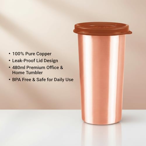 Image of cWc Copper Water Tumbler with Lid, 480ml | 100% Pure Copper Drinking Glass | Leak-Proof, BPA-Free | Ayurvedic Water Storage Cup for Daily Hydration | Office, Travel & Home Use