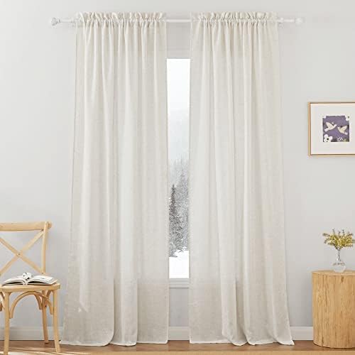 RYB HOME Linen Sheer Curtains - Semi Sheer Light Filtering Sheer Privacy Curtains, Country Rustic Window Curtains Draperies for Living Room Bedroom Patio Doorway, W 52 x L 95, 2 Panels, Linen