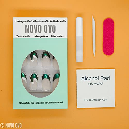 Novo Ovo Green To Blue Purple Switch Holographic Short Medium Almond French Tip Fake False Press On Nails Chrome Cap Metallic Hat Stick On Acrylic Nail Kit With Glue For Christmas St. Patrick's Day #TOP5