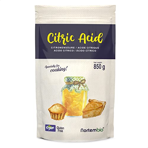 Nortembio Acide Citrique Anhydre Biologique 850 g. Qualité Alimentaire, 100% Pur. Acidulant et Conservateur pour la Cuisine et la Confiserie. E-Book avec Recettes Inclus.