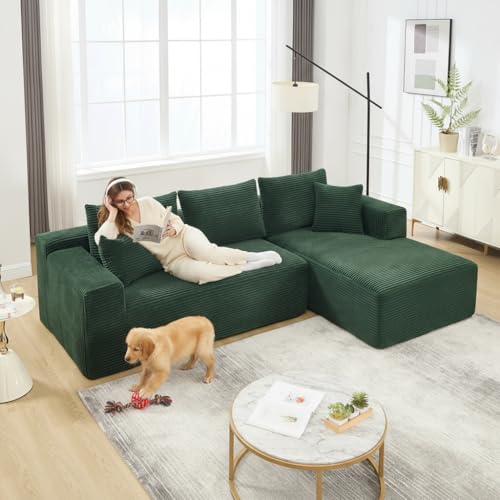 PELUMY 108.7" L-Shaped Modular Sectional Sofa with Oversized Chaise, Cloud Couch with Memory Foam, No Assembly Required Sleeper Sofa for Small Space Living Room, Apartment (Green, Corduroy) - Image 4