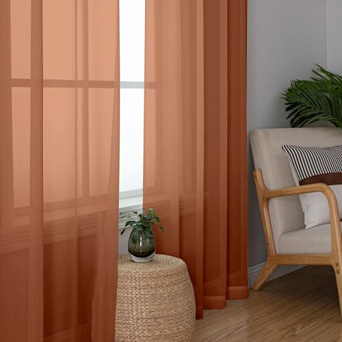 Image of Simplebrand Orange Sheer Curtains 96 Inches Long, Light Filtering Rod Pocket Solid Color Window Sheer Curtain Panels, Elegant Curtains & Drapes for Living Room, Bedroom 2 Panels, 42 inch W x 96 inch L