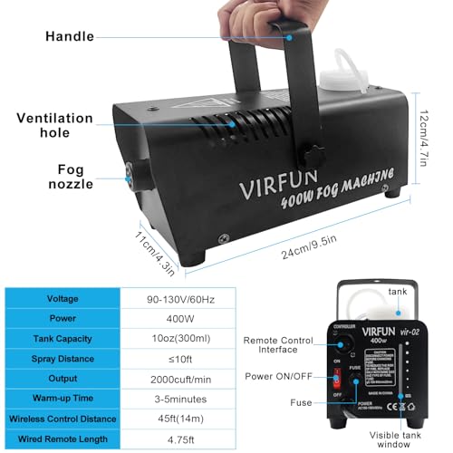 Portable Halloween and Party Fog Machine with Wireless Remote Control,VIRFUN Smoke machine for Holidays, Weddings with Overheat Protection