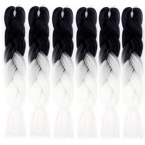YVELIEN Kanekalon Braiding Hair Ombre Synthetic Afro Jumbo Braiding Hair Extensions 24 Inches 6 Packs Crochet Hair for Black Women (Black/Light White)