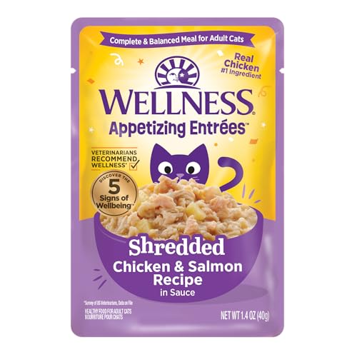 Image of Wellness Appetizing Entrees Shredded Adult Wet Cat Food, Natural, Protein Rich, Grain Free, Chicken and Salmon Recipe, 1.4 oz, Pack of 8 Pouches