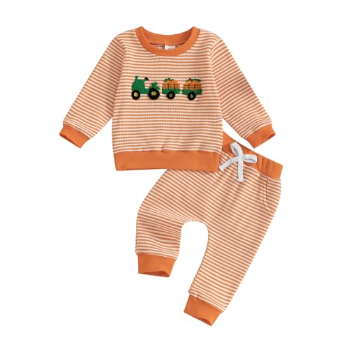 Mobbdow Toddler Baby Boy Halloween Outfit Long Sleeve Pumpkin Tractor Embroidered Stripe Waffle Knit Sweatshirt and Pants Set (A-Orange, 3-4T)