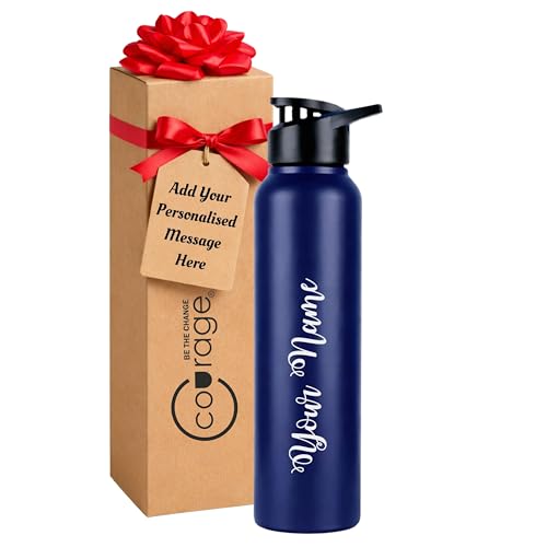 Image of COURAGE Stainless Steel Customize Sipper Water Bottle 1Liter Leak Proof for Fridge Home Office Travel School Kids Boys Girls Adults Sports Gym Yoga - Navy Blue