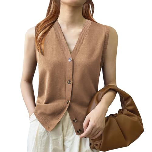 Image of Wowcarbazole Womens Sweater Vest Sleeveless Knit V Neck Summer Tops Trendy Casual Button Down Slim Fitted Ribbed Vest