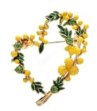 Spilla a forma di cuore floreale, mimosa gialla con accenti di cristallo verde, color oro