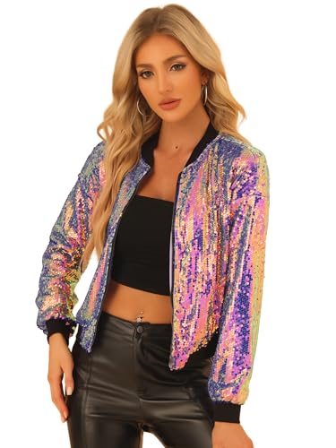 Allegra K Women's Sequin Jacket Bomber Long Sleeve Zipper Shiny Glitter Tops Sparkly Party Slitter Outfit Large Multicolor