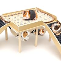 Holz Mehrstöckige Meerschweinchenburg mit Hängematte und Rampe, Versteck für Zwerghamster & Rennmäuse, Spielzeugzubehör für Meerschweinchengehege Innen, Abnehmbares Grauhaus für Kleine Haustiere