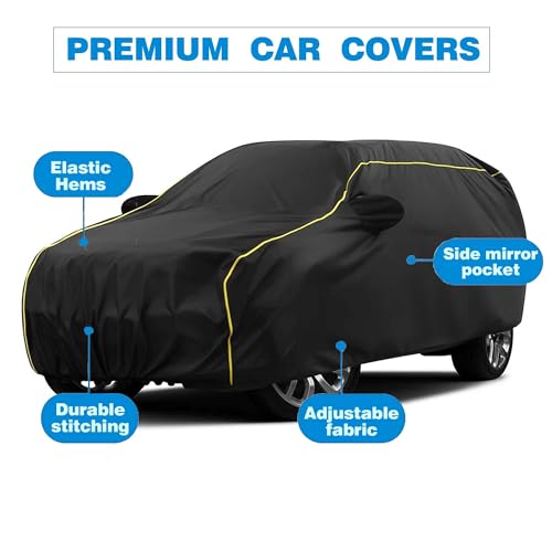 Image of Sulfar 100% Water Resistant Car Body Cover Compatible with Mirror for Maruti Suzuki Esteem (Triple Stitched, Full Bottom Elastic, Black Taffeta with Yellow Piping)
