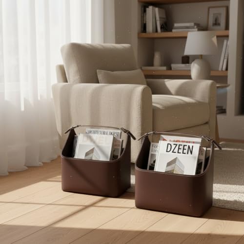 Miniatura 4 de Rocking Gifts Set De 2 Revisteros De Polipiel Marrón De 2 Tamaños, Cesta Con Asas Cuero Sintético Para Almacenaje Salón Y Sofá, 38 Y 28 Cm