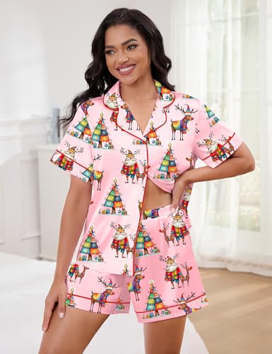 Image of SHESHOW Satin Pajamas for Women Set Preppy Animals Pjs Short Sleeve Shorts 2 Piece Loungewear Sets XS-XXL