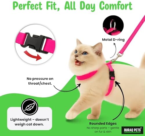 Buraq Pets Plain Full Body Cat Harness with Leash Set for Walking, Outdoor, Escape Proof Cat Belt, Adjustable & Durable Ideal Accessories for Cats (Black)