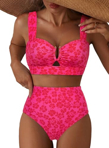 Herseas Womens High Waisted MBikini Sets Chic Floral Print U Wire Cutout Swimsuits 2026 Beach Push Up Wide Straps Bathing Suit Sporty 2 Piece Sets Summer Vacation Essentials Fuchsia Floral Medium