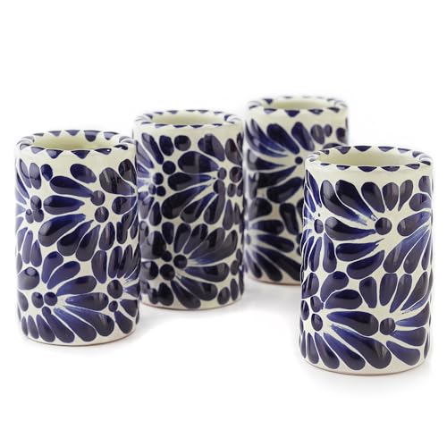 Image of Talavera Mexican Shot Glasses Set of 4 (2 oz) | Authentic Hand-Painted Ceramic Tequileros | Heavy Duty Caballitos for Tequila, Mezcal & Liquors | Blue & White Jaln Azul Floral Design