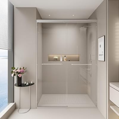 AONLEE Shower Door, Double Sliding, 44-48 in W x 72 in H, Semi-Frameless, Tempered Glass, Brushed Nickel, Contemporary, Bypass, Reversible, 81 Pounds