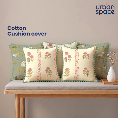 Image of Urban Space Cotton Cushion Cover Set of 5, 16 x 16 Inches, Decorative Throw Pillow Covers with Pom Pom, Printed Sofa Cushion Covers for Living Room, Home Decor (CC2, 40Cm x 40Cm, Set of 5)