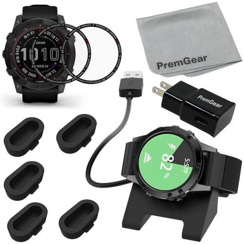 PremGear Accessory Bundle for Garmin Fenix 7 Smartwatch, Includes: Charger Dock Charging Stand with 3.3foot Cable, 2 Anti-Scratch Screen Protectors, 5 Dust Covers, USB Wall Adapter & Cleaning Cloth