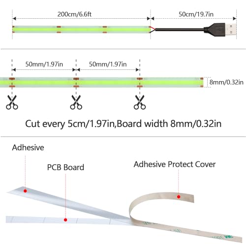 Image of DC 5V USB COB Green LED Strip Light Dimmable IP65 Waterproof 6.6ft /2M | USB Powered 640LEDs with Dimmer High Brightness Flexible LED Tape Lights